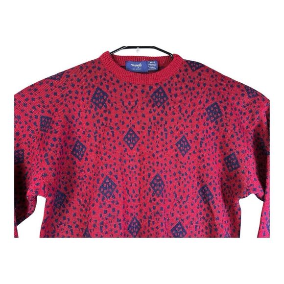 Vintage Wrangler Retro Sweater Mens L Red Geometric Crew Knit USA Made Pullover - Picture 2 of 14
